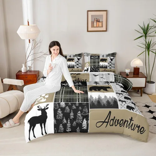 Miniatura 159 de Juego de edredón de oso y ciervo, tamaño individual, ropa de cama de animales salvajes de caza, colcha rústica de cabaña, casa de campo, cuadros