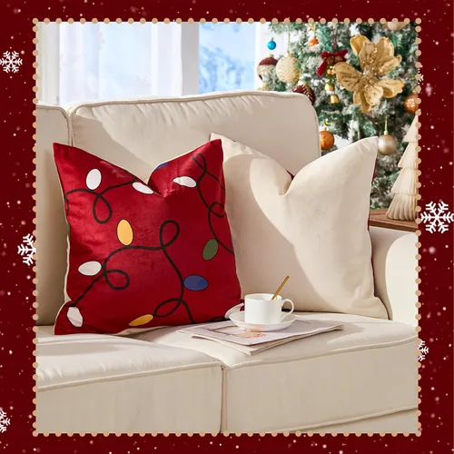 Miniatura 8 de jinchan Fundas de almohada navideñas de 20 x 20 pulgadas, fundas de almohada rojas navideñas con estampado de luces de cascabel, decoración