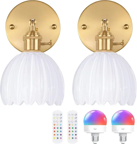 Miniatura 20 de Shenmoyl Aplique de Pared Vintage Operado por Batería con Linda Campana de Vidrio Tulipán Verde, Recargable Inalámbrica, Luz de Pared con Control
