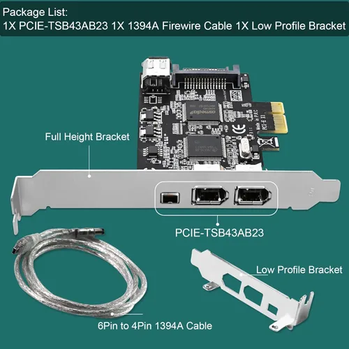 Miniatura 7 de Tarjeta PCIE 1394A Firewire 400 de 4 puertos para Windows OS y PC MAC OS, TI TSB43AB23, 3 x 6 pines y 1 interfaz 1394A de 4 pines, con cables de 4