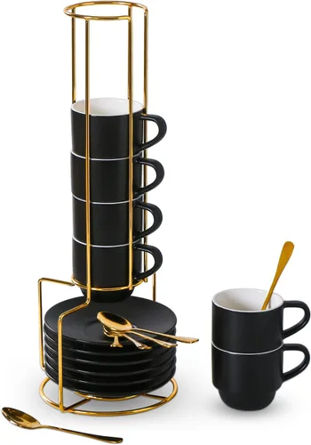 Lareina Tazas de Espresso de Porcelana de 3 Onzas, Juego de 6, Pequeñas Tazas de Café Apilables con Platillos, Cucharas y Soporte de Metal - Tazas