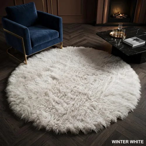 Miniatura 3 de Alfombra flokati redonda clásica de 5 pies. Pelo suave y esponjoso de 3.5 pulgadas. 100% lana natural. Alfombra moderna de color blanco roto lanudo