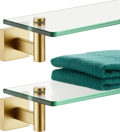 KOKOSIRI Estantes de pared flotantes de acero inoxidable dorado de 12 pulgadas, accesorios de baño de vidrio templado, estante colgante para Oro