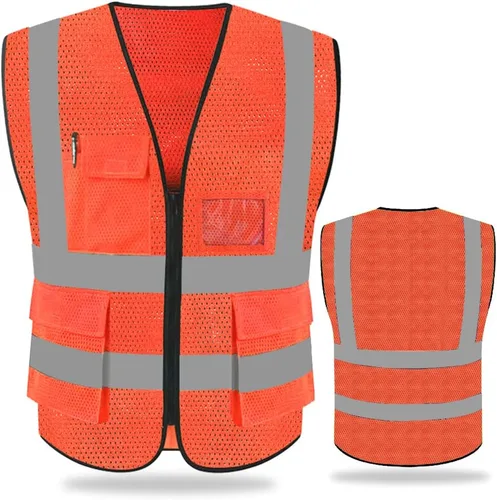 FEimaX Chaleco de seguridad de alta visibilidad, chaleco de trabajo reflectante de malla para hombres y mujeres con bolsillos y cremallera, cumple