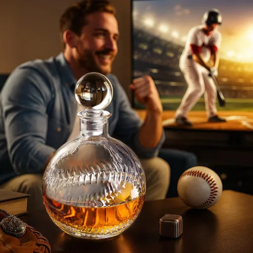 Miniatura 3 de Decantador de whisky de béisbol con tapón de vidrio de 33.8 oz/33.8 fl oz, decantador redondo para whisky, bourbon, brandy, licor y ron para papá