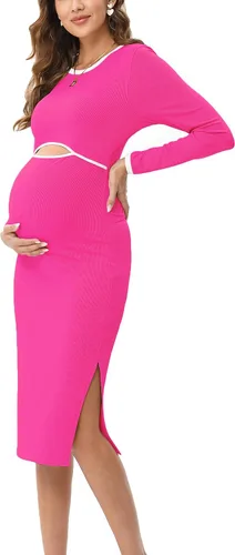 FUNJULY Vestido de maternidad de manga larga para mujer, estilo casual, cuello redondo, recortado, de punto acanalado, ajustado, vestido de tubo