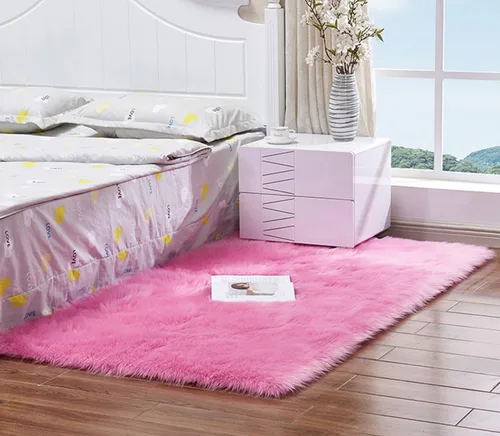 Miniatura 7 de Alfombra de piel sintética suave de lujo de piel de oveja esponjosa y lanuda para silla de dormitorio, sofá o para salón, color rosa bebé, alfombra