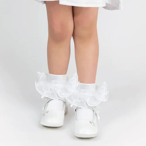 Miniatura 4 de 2 pares de calcetines con volantes de encaje doble para niñas, calcetines de encaje blanco princesa para niñas pequeñas