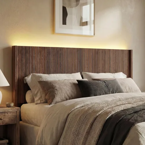 Miniatura 11 de Cabecera tamaño King solamente, moderno tablero acanalado montado en la pared con iluminación, cabecera de cama de madera bohemia elegante