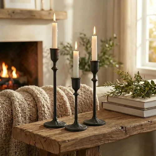 Miniatura 8 de BANOMII Juego de 3 candelabros antiguos, portavelas cónicos de hierro fundido para centro de mesa de comedor, decoración de mantel de chimenea, Negro