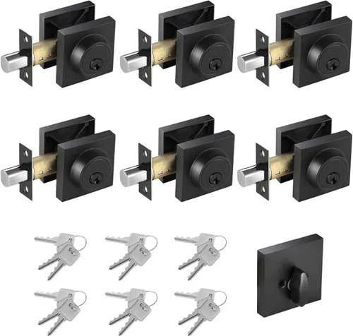 Miniatura 11 de Cerradura cuadrada de un solo cilindro moderno con llaves, cerrojo negro mate para entrada de puerta delantera, cerradura de seguridad de puerta