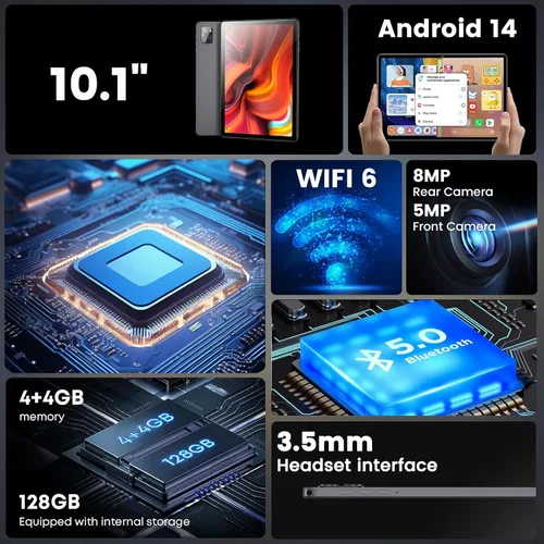 Miniatura 8 de Azeyou Tablet Android de 10 pulgadas, 8 GB de RAM 128 GB, octa-Core, pantalla IPS de 1280 × 800, WiFi 6 Bluetooth 5.0, batería de larga duración