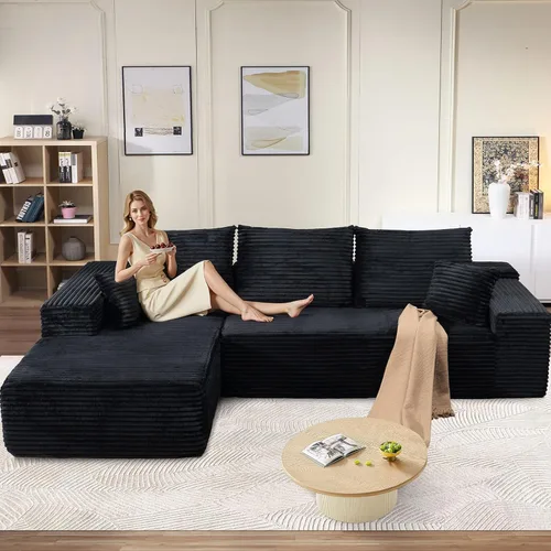 Miniatura 48 de Sofá seccional modular de 96", sofá en forma de L tipo nube sin estructura con chaise lounge, tapizado de pana con asiento profundo de espuma Negro