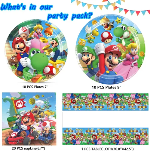 Miniatura 3 de Mario Party Supplies 41 El paquete incluye 20 platos, 20 servilletas, 1 mantel para decoración de fiesta de cumpleaños de Mario (F456456)
