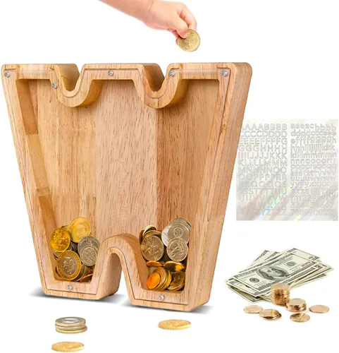 Miniatura 22 de Alcancía de Madera Personalizada con Letras del Alfabeto, Banco de Monedas con Letras del Alfabeto para Niños, Niñas y Bebés, Tamaño Grande, 26