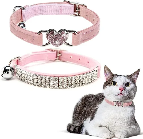 Miniatura 19 de BINGPET collar ajustable para gatos, de terciopelo suave, seguro, collares Bling diamante con cascabel, Adjustable, Rosado claro Rosa