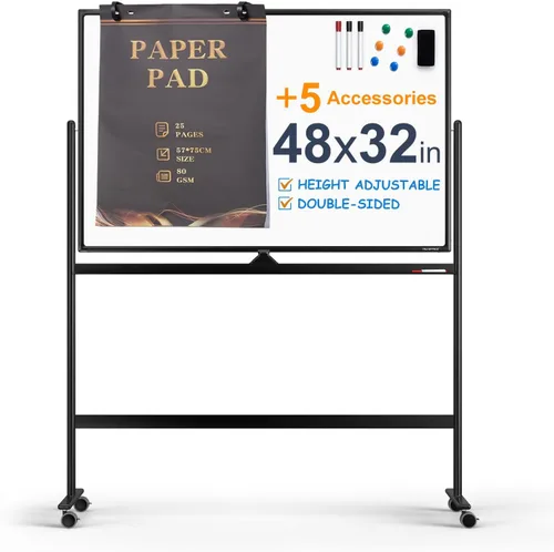 Miniatura 12 de TSJ-OFFICE - Pizarra blanca rodante de vidrio transparente sobre ruedas, pizarra móvil de borrado en seco de 48 x 32 pulgadas con soporte, pizarra