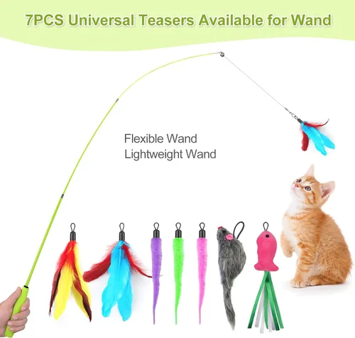 Miniatura 2 de ChicWow Varita Retráctil Interactiva para Gatos y Juguetes Colgantes para Gatos - 2 Varitas, 2 Colgantes, 7 Juguetes Tentadores para Gatos Adultos