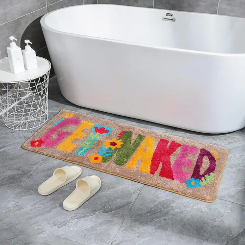 Miniatura 2 de Alfombra de baño con texto en inglés «Get Naked», de estilo bohemio, de 20 x 47 pulgadas, antideslizante, absorbente, bonita, divertida, gruesa