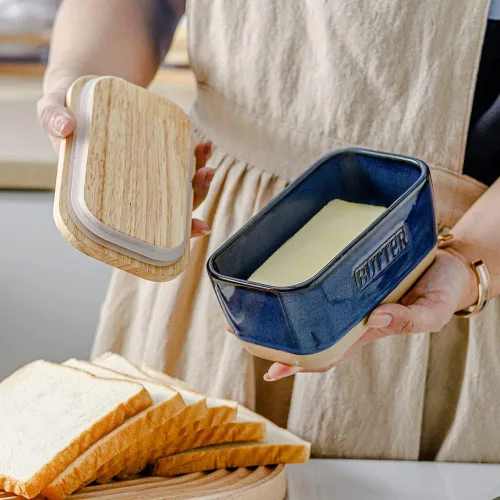 Miniatura 2 de HVH Mantequillera de cerámica con tapa para encimera, hermético con tapa de madera, platos de mantequilla con tapas, recipiente de mantequilla