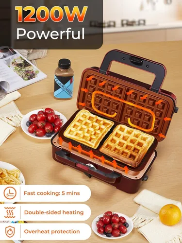 Miniatura 4 de HOUSNAT Sandwicherera, waflera 3 en 1 con placas extraíbles, prensa Panini de 1200 W con placas antiadherentes intercambiables, luces indicadoras