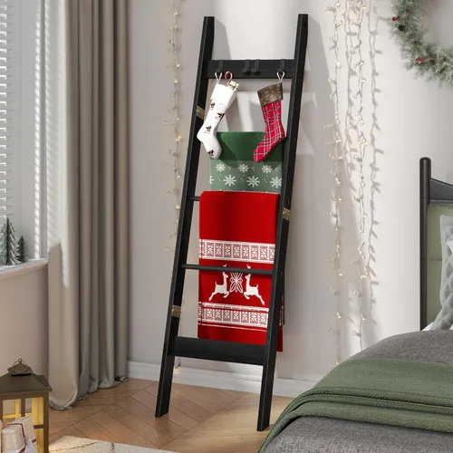 Hzuaneri Escalera para manta para sala de estar, estante decorativo para edredón con 4 ganchos extraíbles, 5 niveles de soporte de escalera de Negro