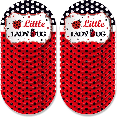 Miniatura 2 de 141 piezas de suministros para fiesta de cumpleaños de mariquita, kit de vajilla desechable con platos de lunares rojos y negros, vasos