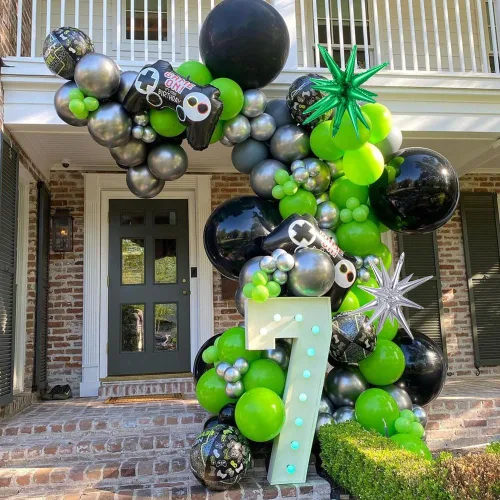 Miniatura 3 de Kit de guirnalda de arco de globos de videojuegos, 144 unidades, color verde, negro y plateado, estrella explosiva, globos de Mylar para niños