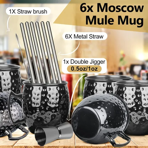 Miniatura 2 de LINALL Moscow Mule - Juego de 6 tazas de acero inoxidable de 18 onzas chapadas en color negro plomizo (6 unidades)