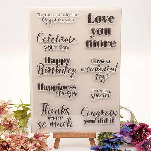 Miniatura 10 de Sellos transparentes de palabras de bendición, diseño de banderines de palabras de felicitación, sellos transparentes de goma de silicona