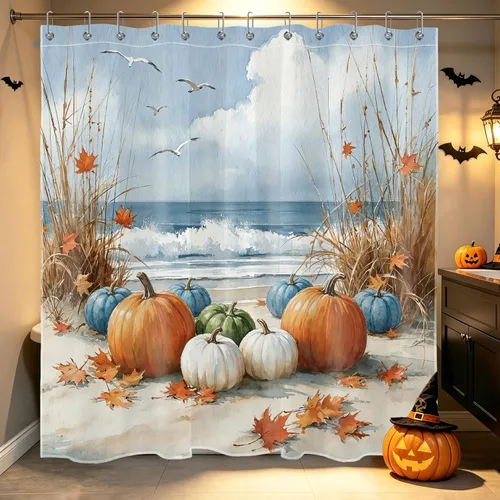Miniatura 32 de HVEST Cortina de ducha de Halloween, linterna de calabaza y gnomo, cortina de ducha de baño, cortina de ducha de murciélago y araña, decorativa
