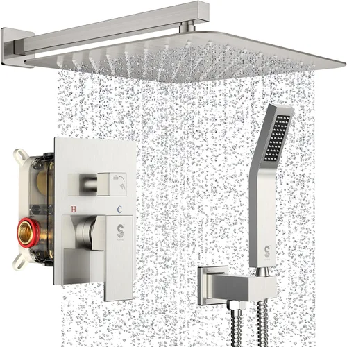 SR SUN RISE Grifo para ducha - Sistema de ducha de lluvia de 16 pulgadas - Cuerpo de grifo de ducha de metal completo - Níquel cepillado