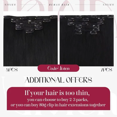 Miniatura 4 de Vivien Extensiones de cabello humano con clip, color negro azabache, extensiones de cabello humano real con pinzas invisibles, doble trama, 14
