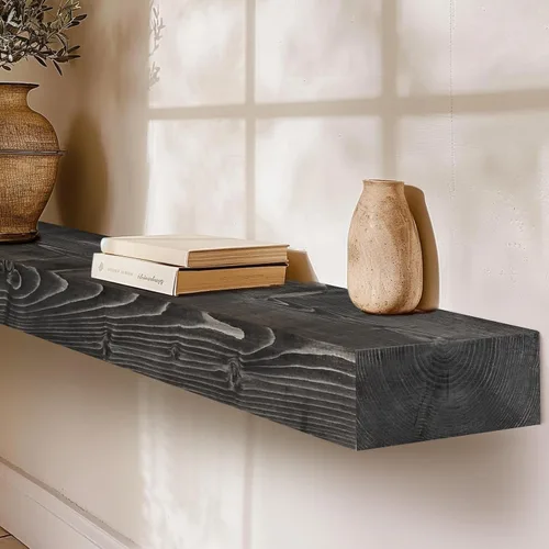 Miniatura 5 de Repisa de chimenea de 48 pulgadas, madera maciza rústica hecha a mano de 3 pulgadas de grosor, estante flotante largo de pared con soporte de metal