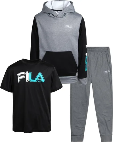 Fila Conjunto deportivo deportivo para niños, sudadera con capucha de rendimiento de 3 piezas, pantalones deportivos, camiseta - Conjunto de ropa