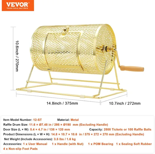 Miniatura 7 de VEVOR Girador de Boletos de Rifa – Tambor de Rifa de 12 x 8 Pulgadas para Sorteo Giratorio de Lotería, Caja Enrolladora de Boletos de Rifa Chapada