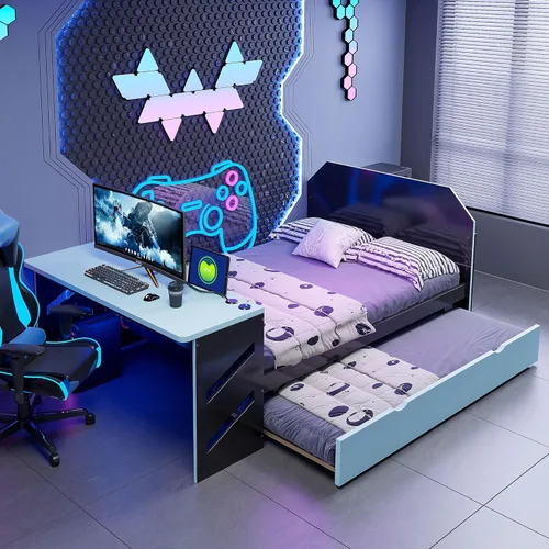 Miniatura 3 de Cama para juegos, sofá cama de tamaño matrimonial con escritorio, cama de plataforma matrimonial de madera con cama nido de tamaño individual y USB