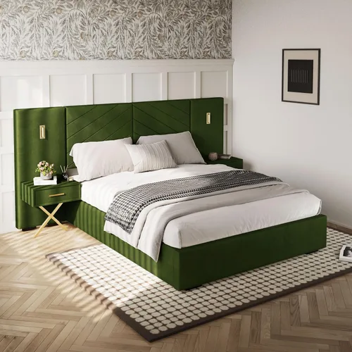 Miniatura 14 de DEINPPA Base de cama Queen de lujo con luces LED doradas integradas y mesitas de noche, cama de plataforma tamaño Queen con cabecera tapizada