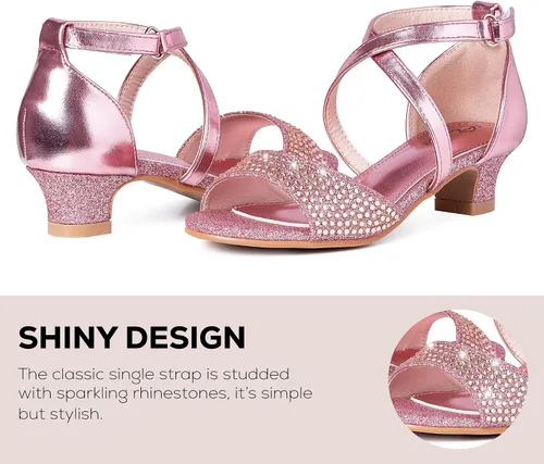 Miniatura 3 de Chumchoi Sandalias para niñas con diamantes de imitación, tacón bajo, correa de tobillo, vestido de tacón alto, boda, fiesta, para niños pequeños