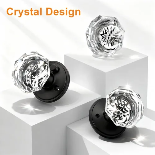 Miniatura 2 de Gobrico Pomo de puerta de cristal para dormitorio y baño con roseta clásica negro mate, diamante transparente octogonal para puerta interior, 1