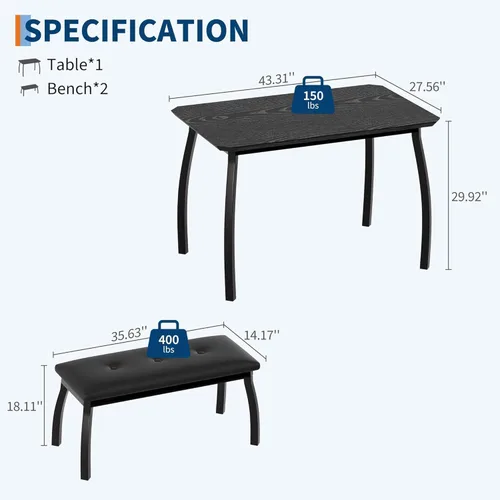 Miniatura 2 de Mesa de comedor para 4, juego de mesa de cocina de 3 piezas para 4 personas con mesa de madera y marco de metal, mesa de cocina industrial con 2