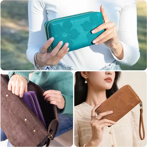 Miniatura 2 de Espera Cartera de mujer con bloqueo RFID de gran capacidad, tarjetero con doble cremallera, de cuero, con cartera para mujer con correa