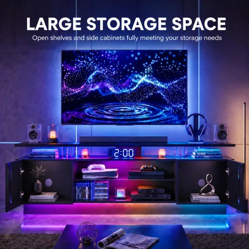 Miniatura 3 de Soporte de TV de alto brillo de 70 pulgadas con 2 armarios laterales, consola de TV moderna y elegante con luces LED de 3 capas, consola multimedia