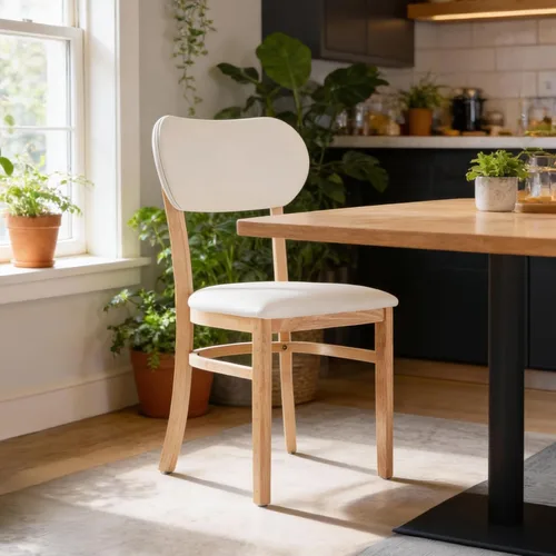 Livinia Tony - Juego de 2 sillas de comedor, asiento tapizado de piel sintética de roble malasio sólido, sillas laterales redondeadas (natural)