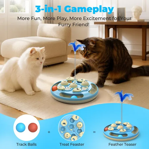 Miniatura 3 de Comedero de rompecabezas 3 en 1 para gatos, juguete interactivo de nivel 3 con bolas de pista, teaser de plumas e inserto de alimentador lento, base
