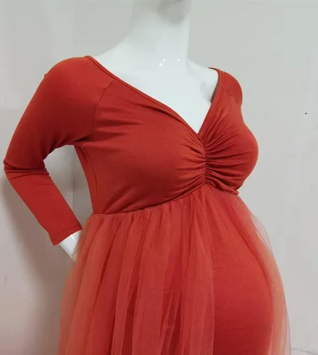 Miniatura 6 de ZIUMUDY Vestido de maternidad de tul con hombros descubiertos para sesión de fotos, vestido de fotografía ajustado de manga larga para baby shower