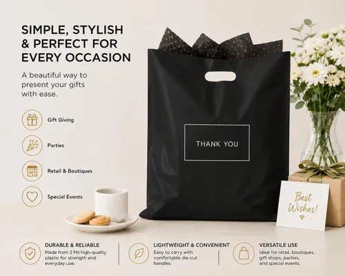 Miniatura 3 de Purple Q Crafts Bolsas de compras de plástico negras con asas, bolsas de agradecimiento para tiendas minoristas, grandes de 16 x 18 pulgadas