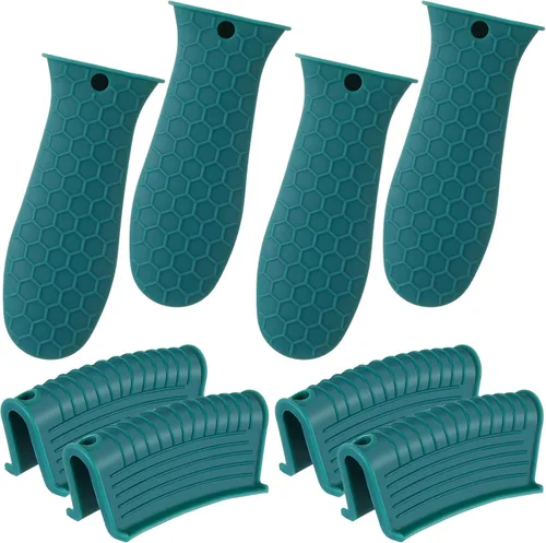 Miniatura 10 de Patelai Juego de 8 soportes de silicona para ollas, funda de mango de hierro fundido, resistente al calor, agarradera, antideslizante, reutilizable
