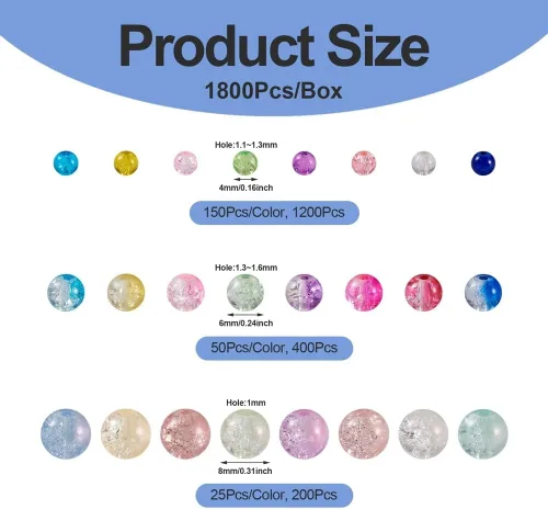 Miniatura 8 de KISSITTY 1800 cuentas de cristal agrietado para la fabricación de joyas, cuentas redondas de 0.157 in, 0.236 in, 0.315 in, cuentas de manualidades