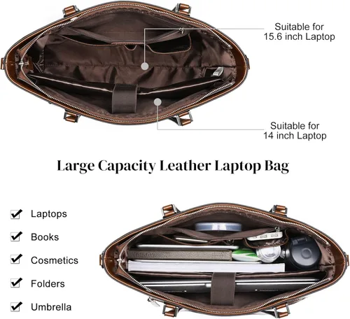 Miniatura 3 de S-ZONE Bolso de mano de cuero genuino para mujer, maletín vintage, bolso de trabajo, bolso grande de 15.6 pulgadas, L